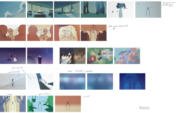 ㅤㅤㅤㅤstoryboard after i slapped colours on it!! i can see what scenes will have a certain colour scheme since they're all grouped together. and since they're lumped like this, i can see which ones stick out like a sore thumb and what vibe i'm getting.